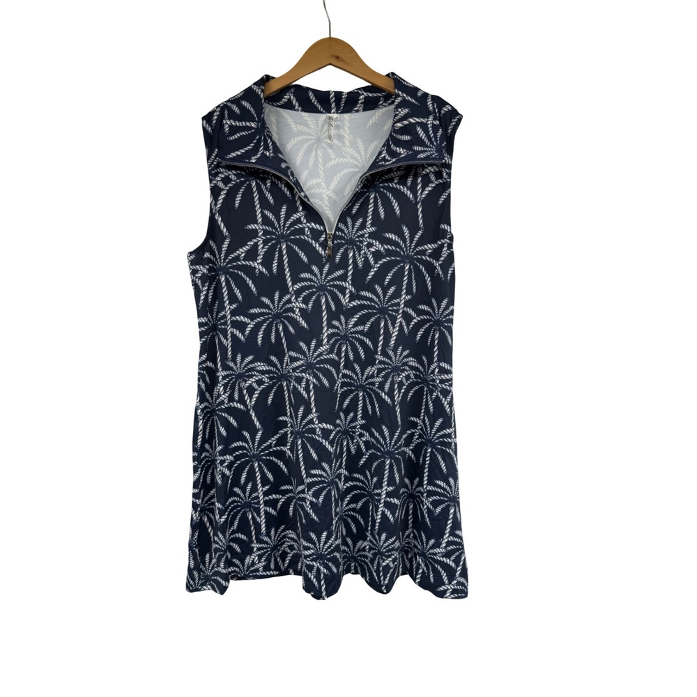 Lulu-B Womens 1X Navy Blue White Palm Rope Print Quarter Zip Resort Dress UPF 50